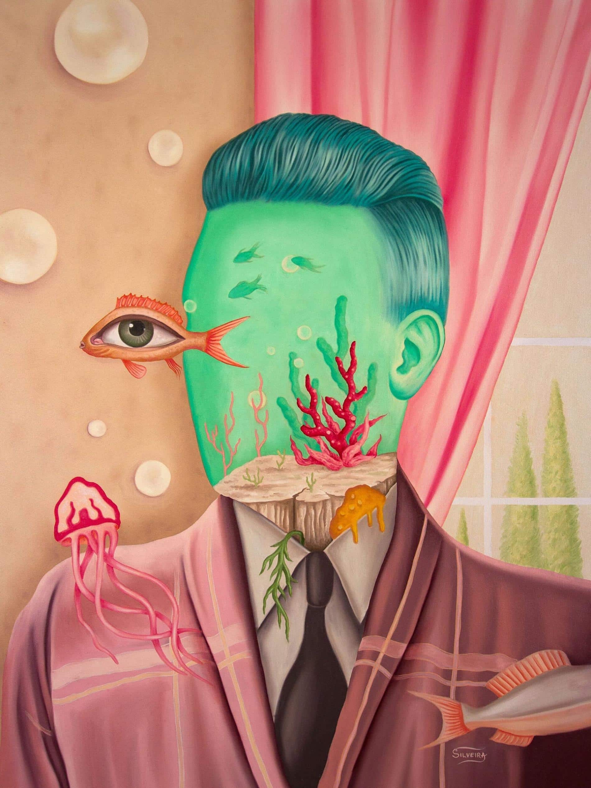 desretratos de daniel silveira, hombre con ojo de pez que va nadando