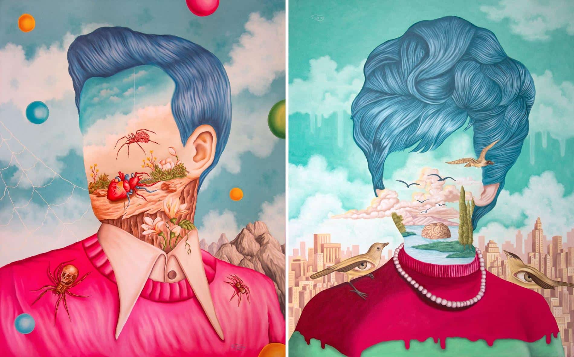 desretratos de daniel silveira, hombre y mujer con pelo azul arañas y aves