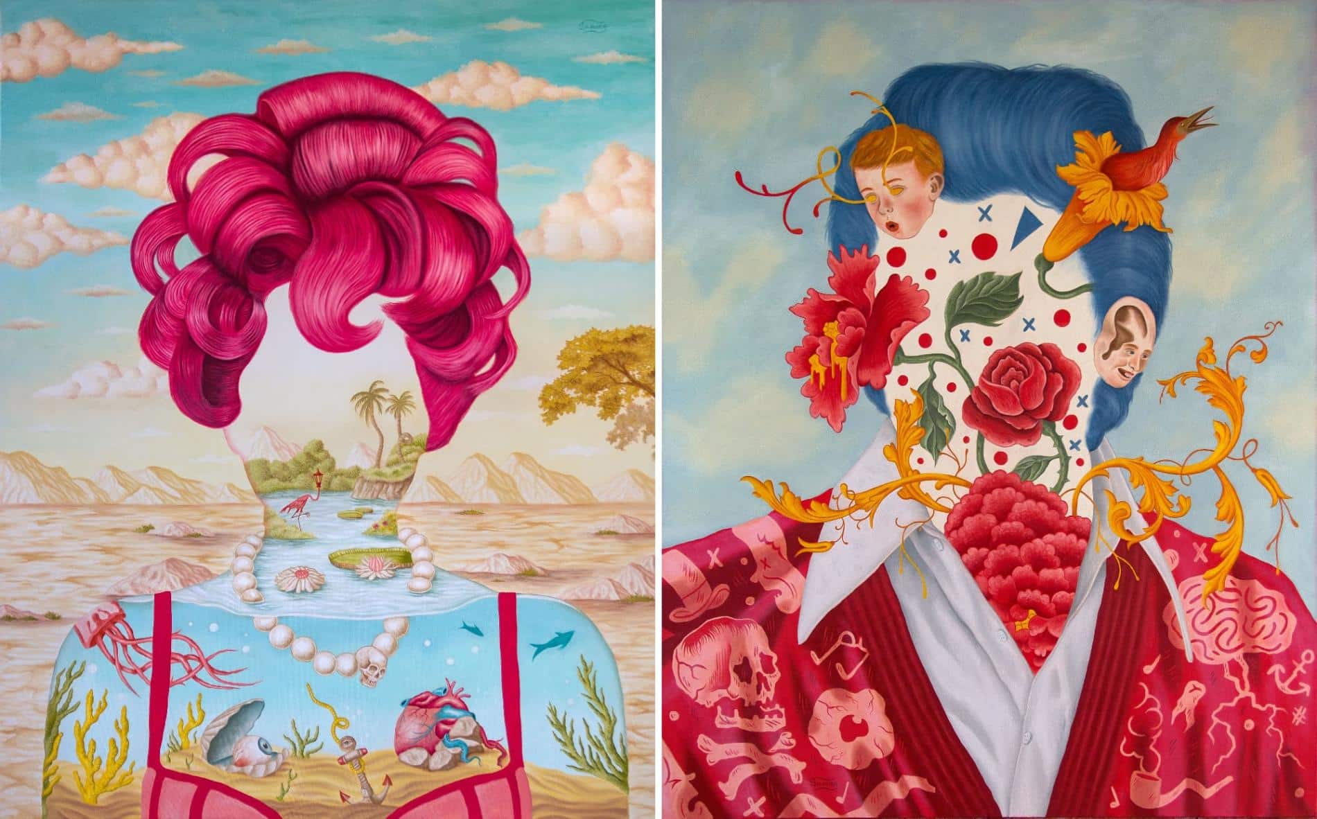 desretratos de daniel silveira, mujer pelo magenta y cuerpo de mar, hombre pelo azul cuerpo de cerebro y calavera