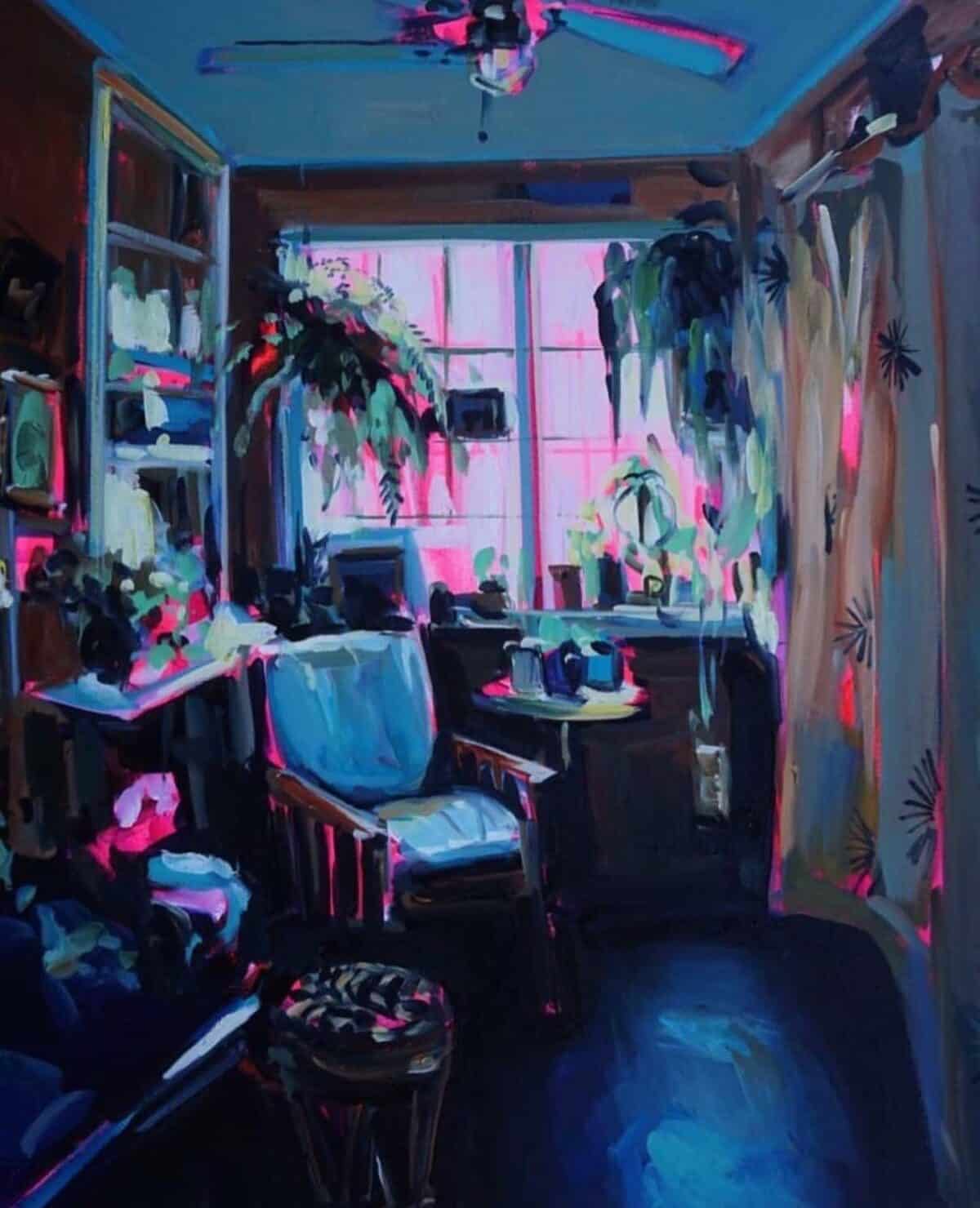 ekaterina popova espacios intimos espacio con plantas y silla, colores saturados ecena onirica