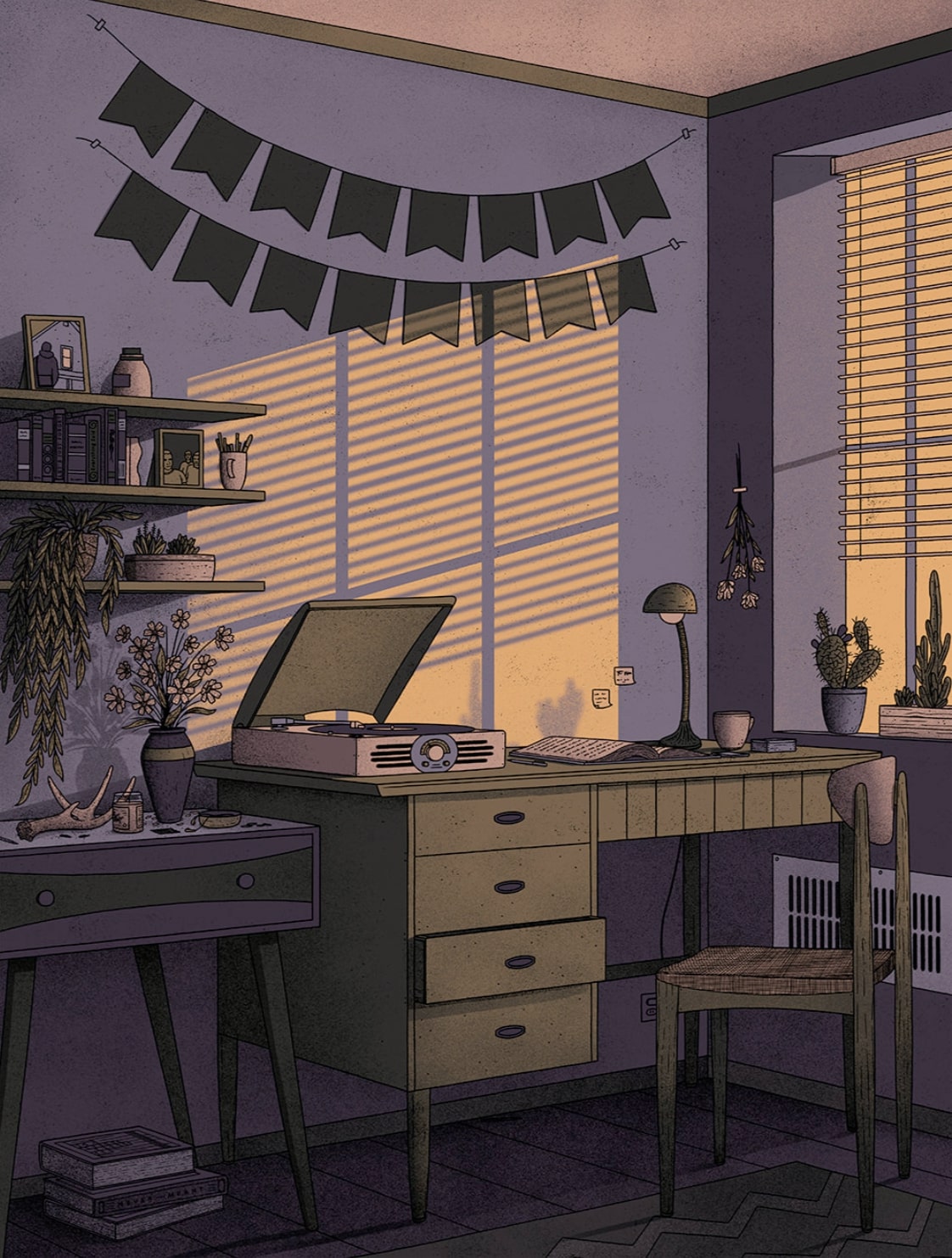 nicholas moegly ilustraciones nostalgicas habitacion con deco vintage nostagia