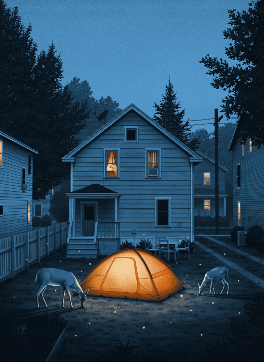 nicholas moegly ilustraciones nostalgicas patio con tienda de camapaña iluminada y sola y animales salvajes