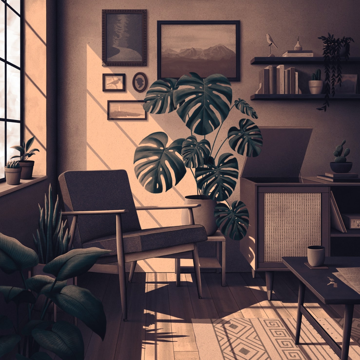 nicholas moegly ilustraciones nostalgicas sala vacia con mobiliario de los 70 y plantas