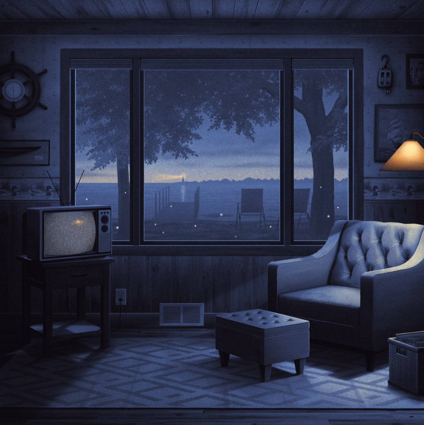 nicholas moegly ilustraciones nostalgicas sala vacia con tv noches nostalgicas