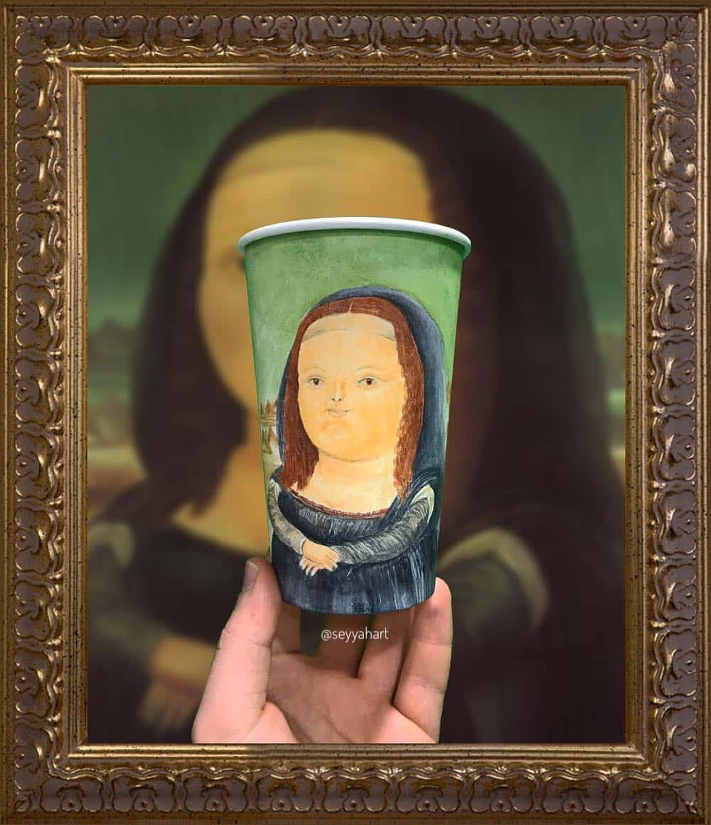 Berk Armagan artista viejero vasos de carton monalisa de botero