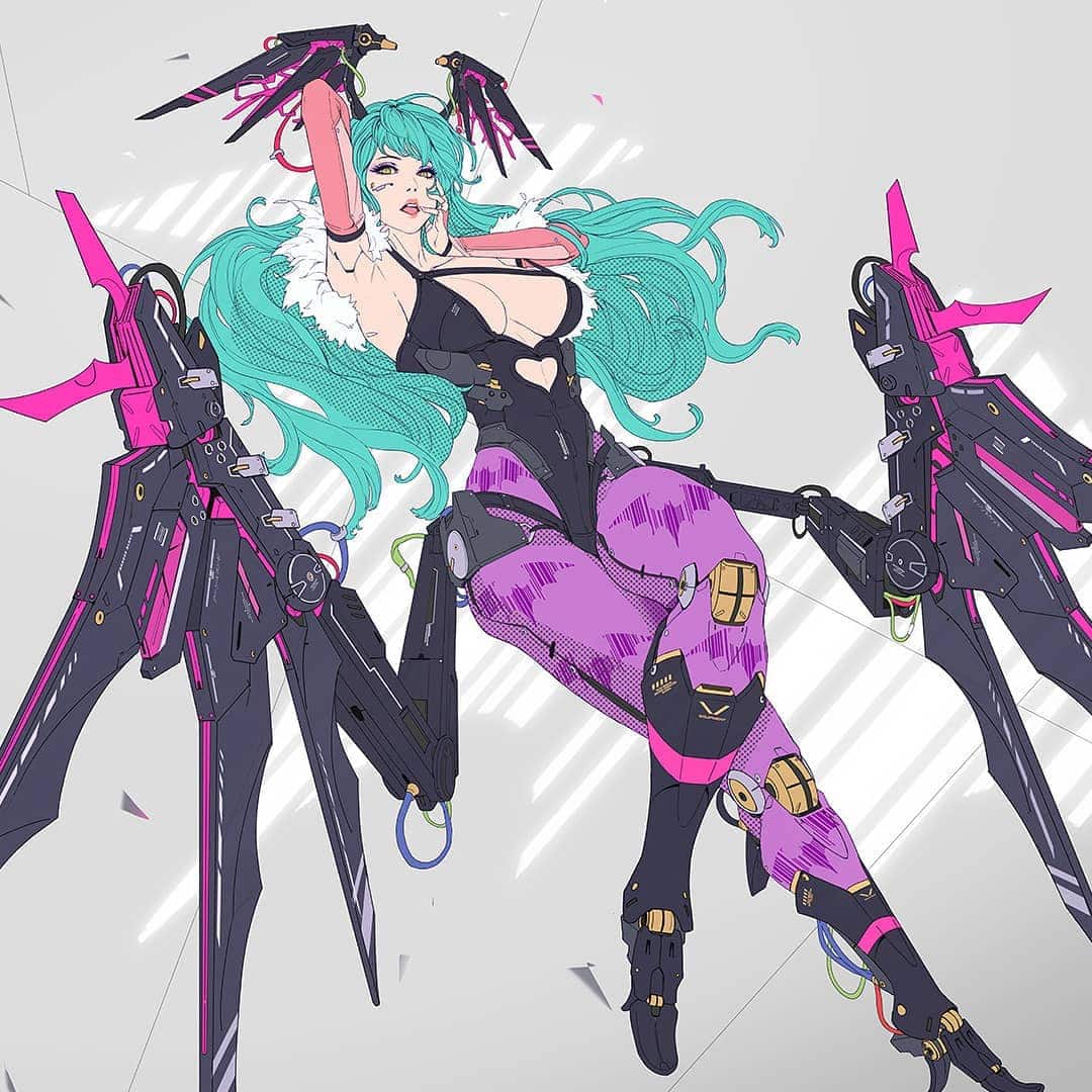 Gharliera mujeres maquina ciberpunk ilustraciones