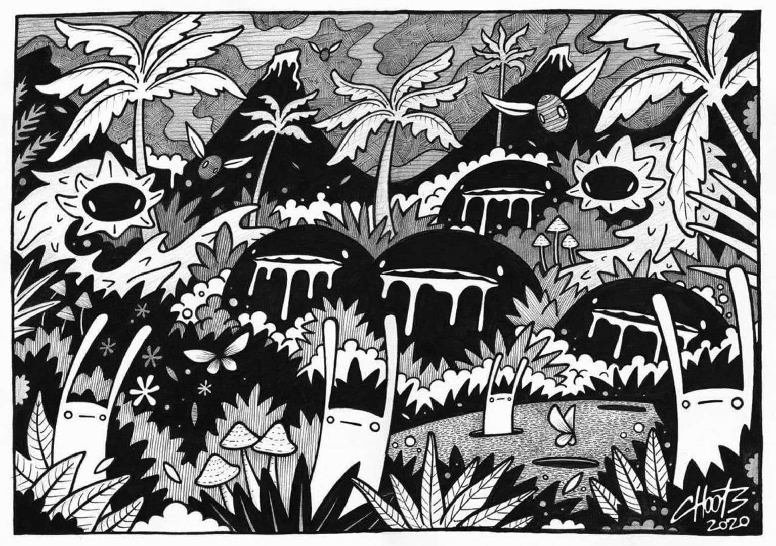 choots street art psicodelia monstruos blanco y negro