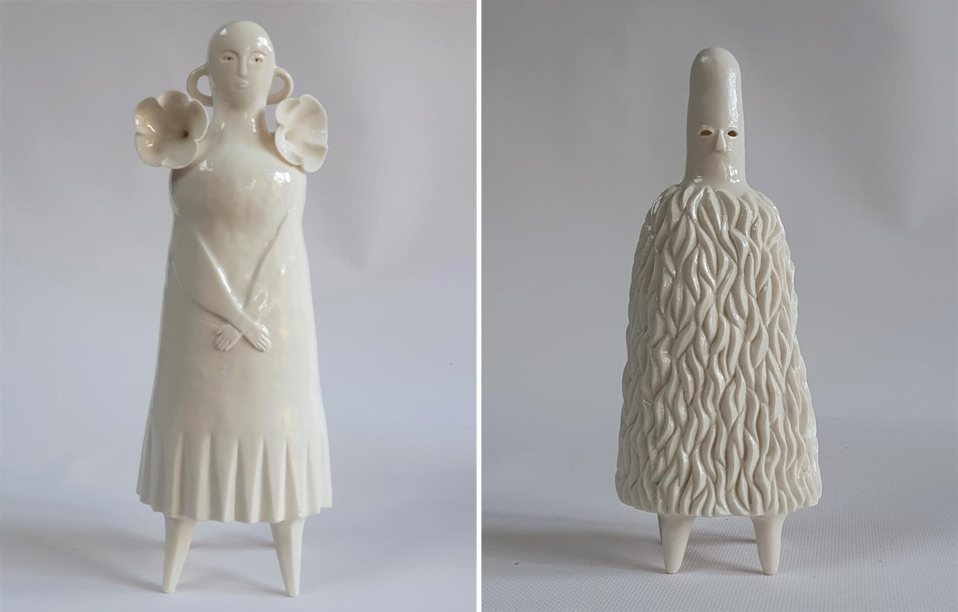 sophie woodrow Left Hearing Trumpet, porcelain, 45 centimeters. Right Woodwose, porcelain, 15 centimeters