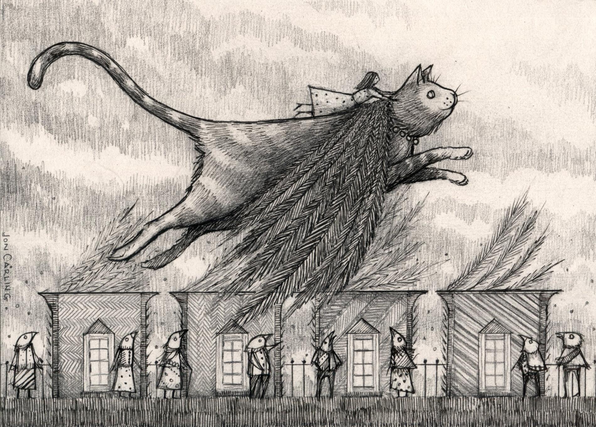 JIN CARLING ILUSTRACION LAPIZ SURREAL GATO VOLADOR