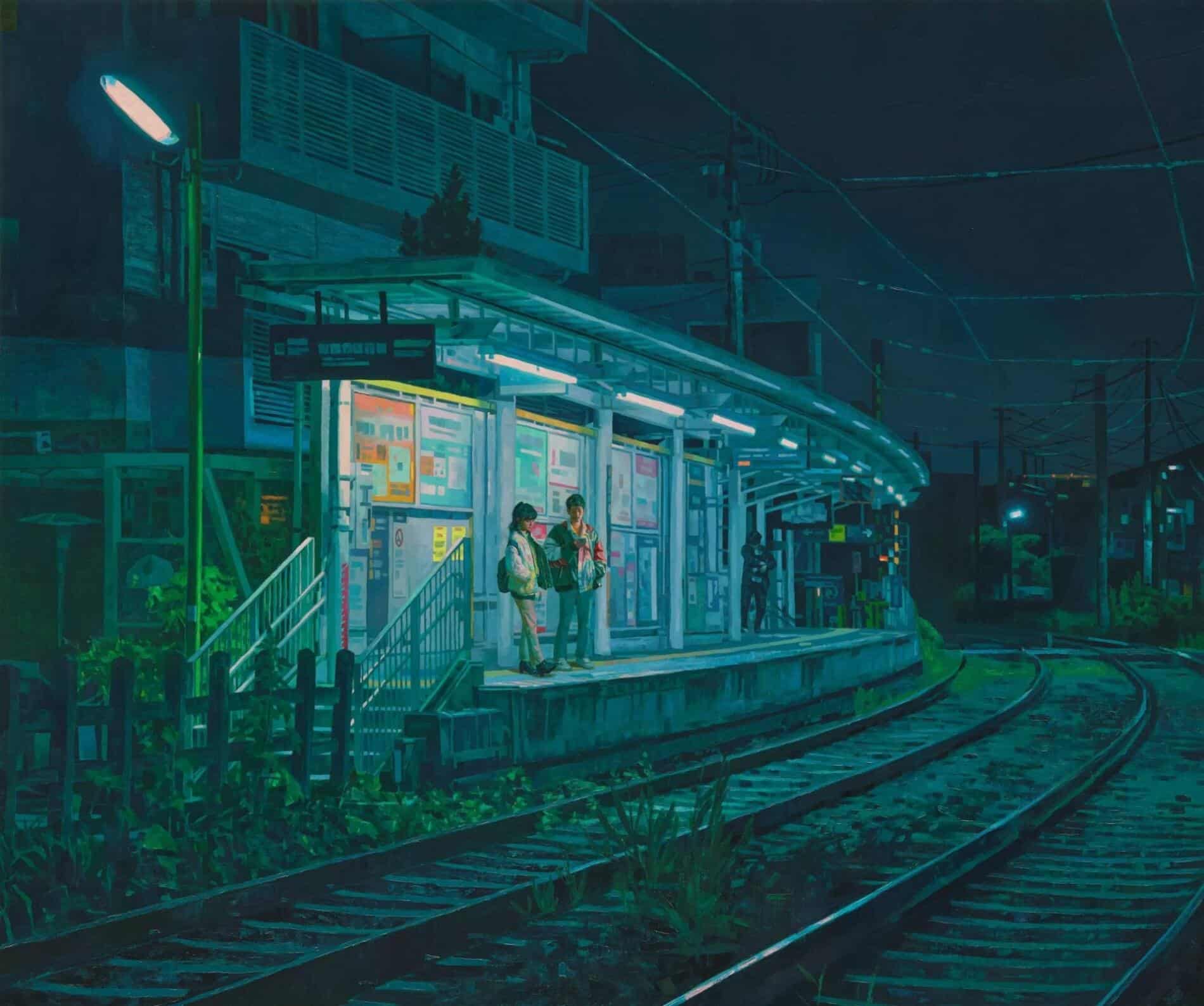 Keita Morimoto CUADRO PAISAJE NOCTURNO ESTACION DE TREN