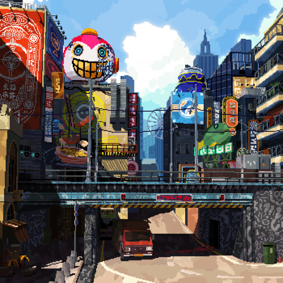 ciudad cyber punk en pixel art