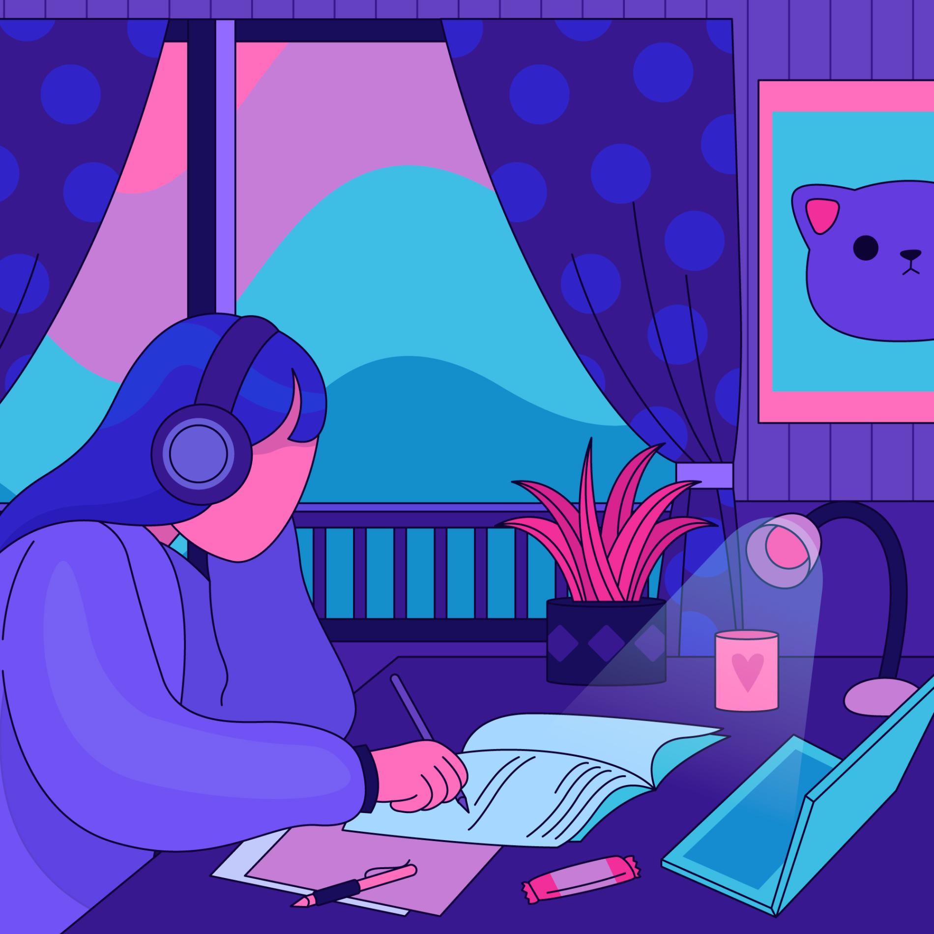 chica estudiando, ilustracion lo fi