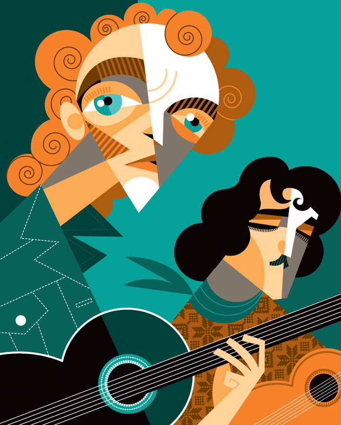 Caricatura cubista de banda de rock ilustrada por Pablo Lobato