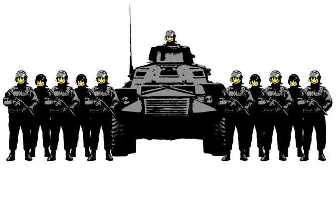 Ten un buen día, soldados con smile, cuadro de banksy