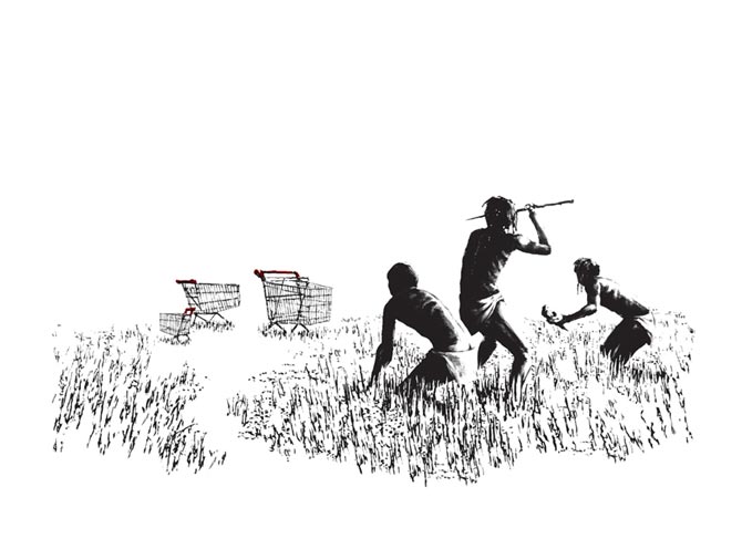 indigenas cazando un carro de compra hecho por banksy